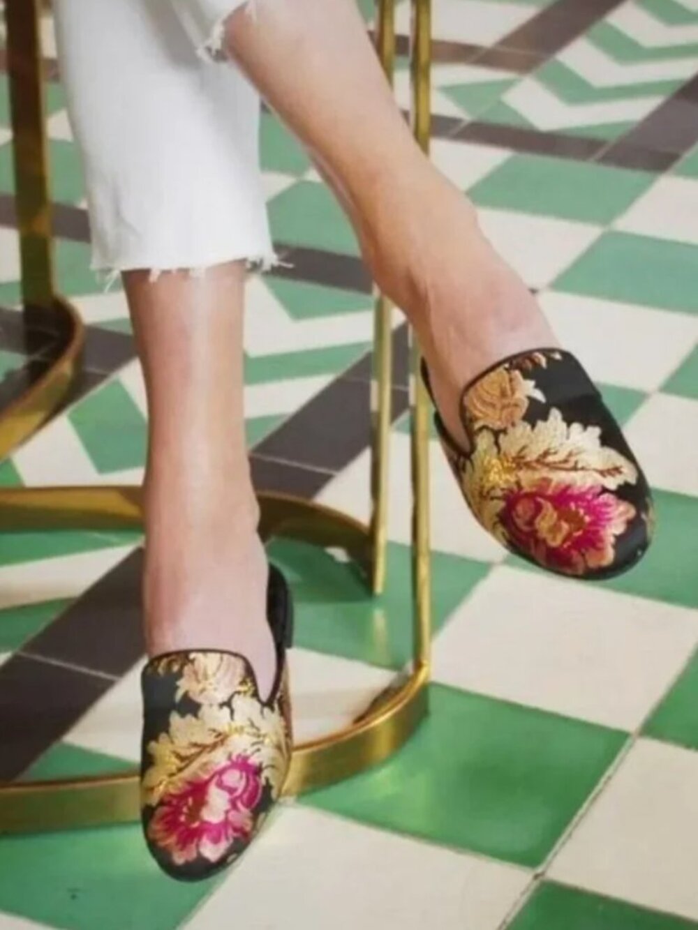 Birdies Phoebe floral Jacquard gold and pink mules, 8